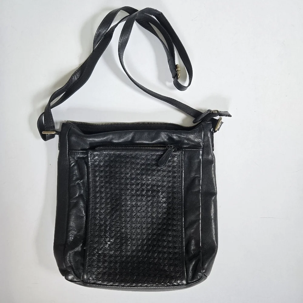 Estalon black genuine leather crossbody purse bag woven weather detail - Picture 1 of 11